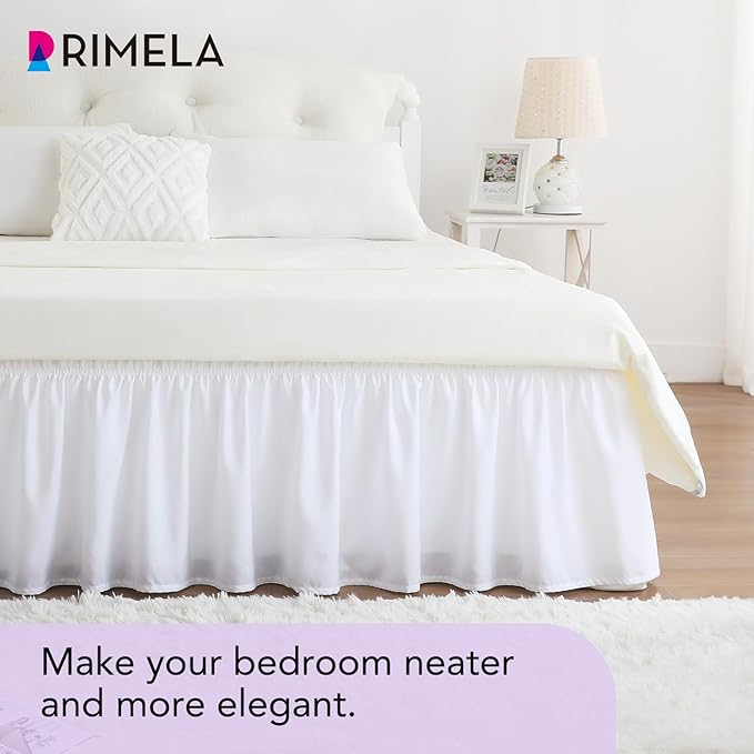 RIMELA White Bed Skirt Queen Size 15 Inch Drop, Elastic Bed Skirting for Adjustable Bed Base & Frame, Bedding Dust Ruffle Easy to Install, Wrap Around Bedskirt, Room Decoration