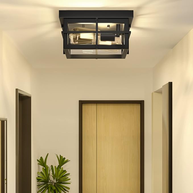 Asnxcju Modern Outdoor Ceiling Light Fixtures, 2-Light Black Flush Mount Light Fixtures with Clear Glass Shade, Farmhouse Square Ceiling Lighting for Porch Bathroom Kitchen (Bulbs Not Included)