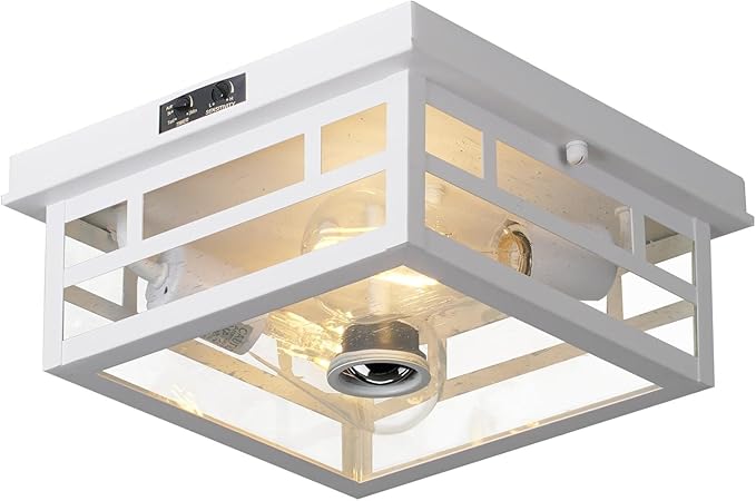 CALOKES Outdoor Flush Mount Motion Sensor White Ceiling Light - Timeless Industrial Design with Seeded Clear Glass for Your Porch, Driveway, Covered Patio, Farmhouse, and Entryway