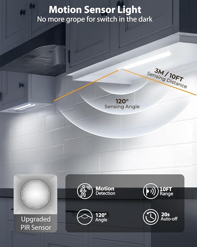 10” Under Cabinet Lighting, 68LEDS Motion Sensor Light Indoor, Rechargeable Battery Magnetic Closet Light, Wireless Under Counter Lights for Kitchen, Stairs, 4-Pack Daylight