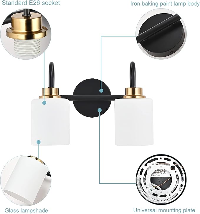 Modern Matte Black and Gold Bathroom Vanity Light Fixtures 2 Lights Milky Glass Wall Sconce Light Modern Vanity Lights Over Mirror(Exclude E26 Bulb)