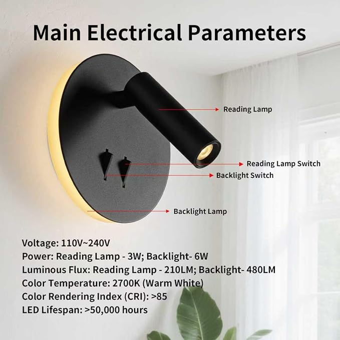 DEC LUCE DECOLUCE LIGHTING Modern Minimalist LED Wall Sconce,Hardwired 2-Light Reading Backlight,Dual Light Control (3W/240lm+6W/480lm), Swing Arm Wall Light Fixtures for Bedroom/Bedside(Black)