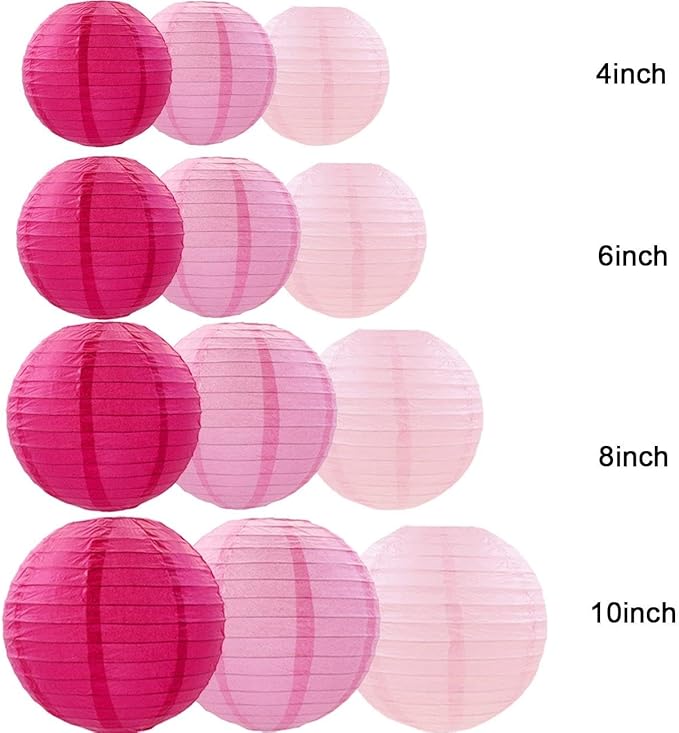 Pink Paper Lanterns Decorative,Hanging Chinese Lanterns Indoor Outdoor for Birthday, Wedding, Christmas, Bridal, Home Decor, Ceiling Decorations(Size of 4”, 6”, 8”, 10”,12Pcs)