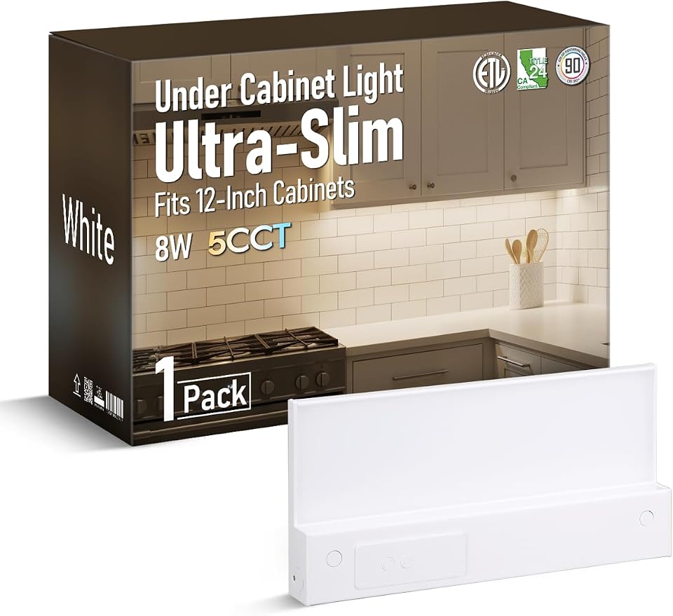 TORCHSTAR Ultra-Slim LED Under Cabinet Lighting Fits 12" Cabinets | 5CCT, Hardwired & Plug-in, 8W 600LM, 120V CRI90 Linkable Dimmable Thin Under Counter Lights for Kitchen, ETL T24, White