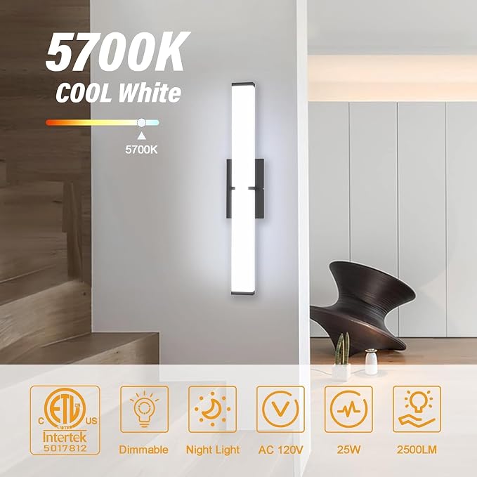 Bathroom Vanity Light with Night Light Cool White 5700K Black Modern Matte Bathroom Lighting Fixtures; 24 Inch IP44 25W Equivalent to Incandescent 250W for Over Mirror Vanity Light ETL Listed