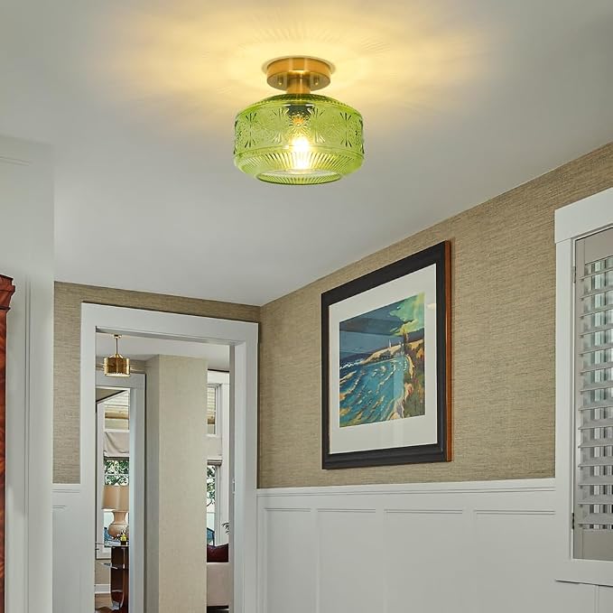 Semi Flush Mount Ceiling Light, Vintage Small Ceiling Light Fixture, Thickened Glass Hallway Light Fixture, Brass Kitchen Ceiling Mount Lamp with Green Glass for Entry Way, Bedroom, Bathroom, Porch