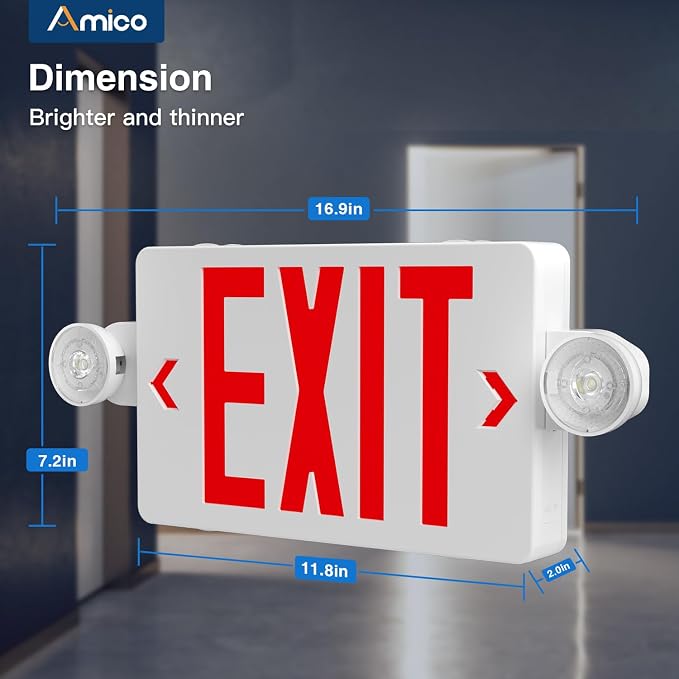 Amico 12 Pack Red Exit Sign with Multi-Angle LED Emergency Lights | ETL Listed, Wall & Ceiling Dual Mount, Hard Wired 120/277V AC, 90 Min Backup, 94V-0 Fire Resistant Plastic Housing