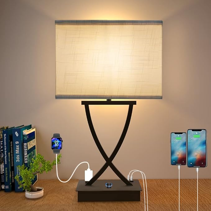 OYedis Fully Dimmable Medium Table Lamp for Bedroom with Type C/USB Charging Port and 1 AC Outlet White Shade 21.38" Bedside Nightstand Lamp for Living Room Office and Hotel Bulb Included