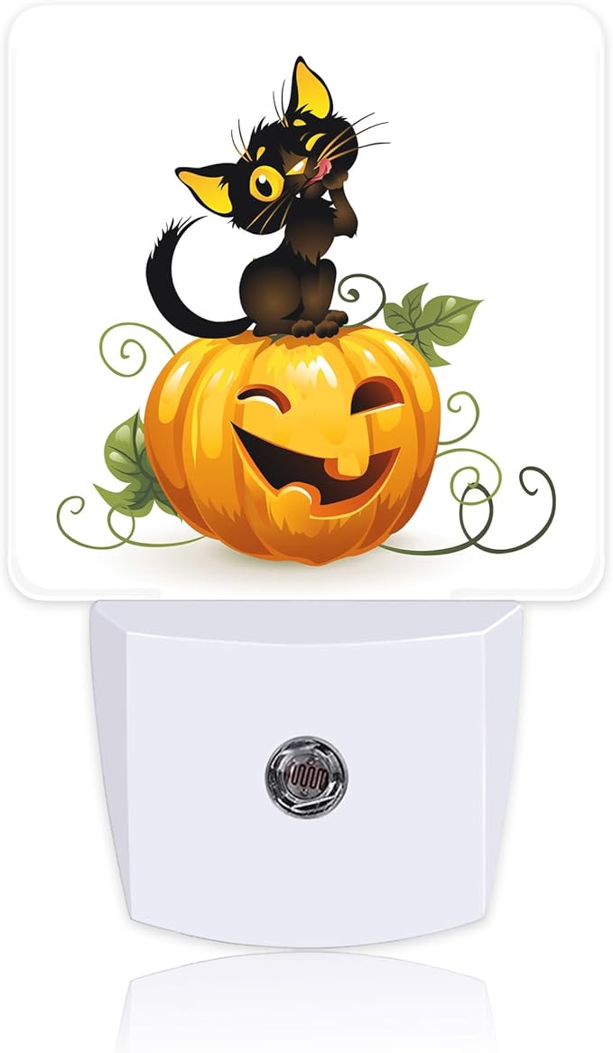 Black Cat on Pumpkin Night Light,Halloween Plug into Wall with Dusk to Dawn Light Sensors,LED Nightlights for Bedroom,Bathroom,Kitchen,Hallway,Room Decor for Boys Girls Women Men