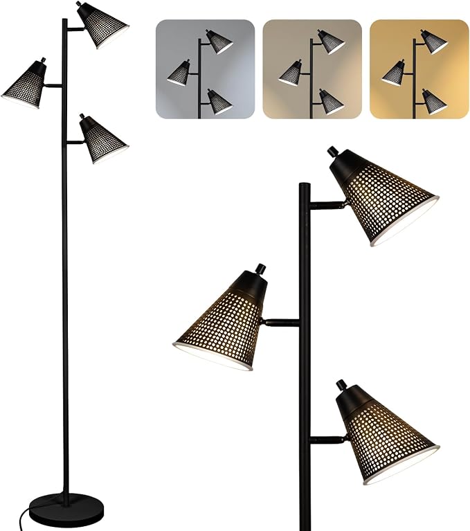 LALISU Tree Floor Lamp for Living Room, Industrial 3-Light Standing Lamp with 3 LED Bulbs, Adjustable Rotation Heads, Standing Tall Pole Lamp Reading Lamps for Bedroom Office (Black Hollow-Carved)