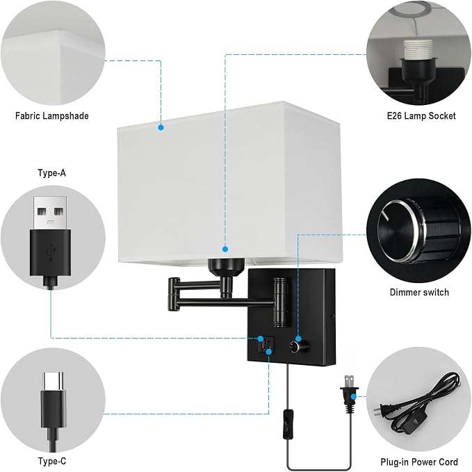 Plug in Wall Lamp for Living Room Bedroom Bedside, Bulb Included | Wall Sconce with USB C+A Charging Ports, Adjustable Swing Arm 270°, Adjustable Color Temperature, White Square Lampshade