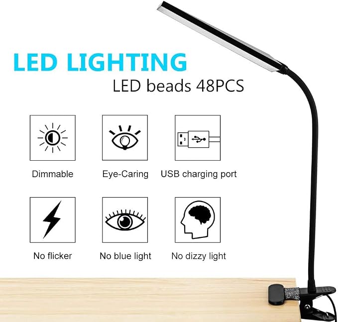 LED Desk Lamp, 5W USB Clip on Light Eye-Caring Reading Clamp Table Lamp with 48 LEDs Flexible Neck, 3 Color Modes and 14 Brightness Levels for Office Bedroom Study (Black)