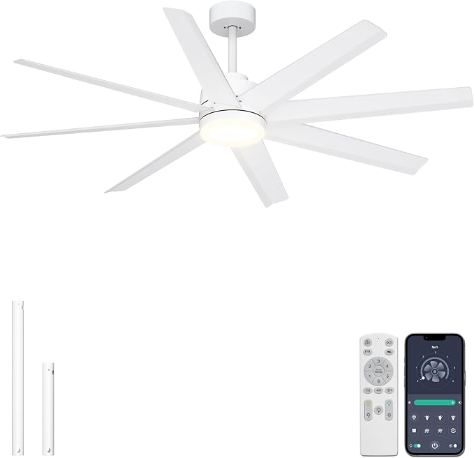 Ohniyou 60" White Ceiling Fan with Light for Patio, Porch, Living Room | Remote/App Control, Quiet DC Motor, 3CCT Dimming, Modern Covered Outdoor Fan with 8 ABS Blades