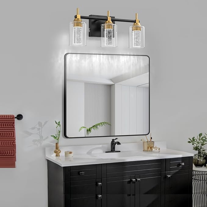 Vanity Light with 3 Color Modes (3000K/4000K/6000K), Eye Protection LED Bathroom Light Fixture, Dimmable Modern Wall Light Over Mirror with Clear Glass Shade (Black and Gold, 3-Light)