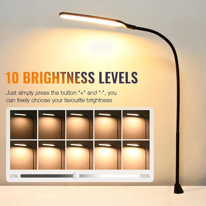 8W LED Desk Lamp with Long Gooseneck and USB Cable, 800LM | Metal Dimmable Clip on Lamp, 3 Colors and 10 Modes, Eye-Caring for Home Office Reading