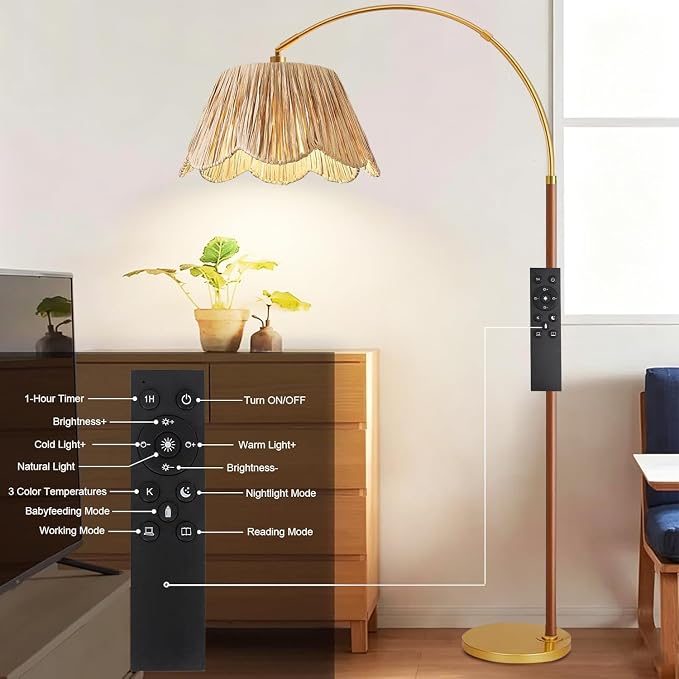 Vintage Arc Floor Lamps for Living Room Farmhouse Wood Floor Lamp with Remote Control,Dimmable Rattan Floor Lamp Boho Standing Lamp with 3 Color Temperature Wicker Tall Floor Lamp for Bedroom Corner