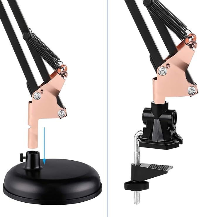 PowerKing Metal Swing Arm Desk Lamps with Base & Clamp, Black Rose Gold | Adjustable Architect Lamp, On Off Switch, Fits E26 E27 Bulbs, Eye-Caring Reading Light, for Home Office Work Study