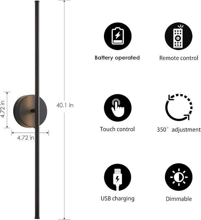 KARTOOSH Battery Operated Wall Sconces Set of Two Wireless Wall Lights | Rechargeable Wall Sconce with Remote 350°Rotate Dimmable 3000K LED Wall Lamp for Living Room, Bedroom