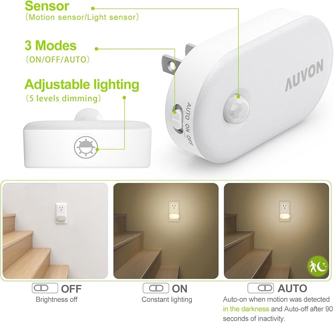 AUVON High Lumen (1-120lm) LED Night Light, Motion & Light Sensor, 4 Packs | Plug-in Nightlight, Dimmable Brightness for Bedroom, Bathroom, Hallway, Kitchen, Basement, Storage Room, Living Room