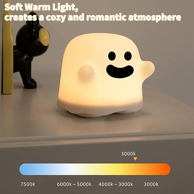 Ghost Night Light, Cute White Night Lamp for Kids Bedroom USB Rechargeable Lamps Adjustable Brightness, Bedside Delay-Off Nightlight for Women Birthday Gift Halloween Christmas