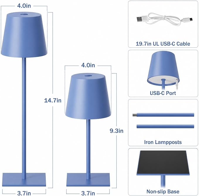 Kakanuo Navy Blue Rechargeable Table Lamp, 2 Pack Cordless Desk Lamp with 5000mAh Battery, Touch Control Stepless Dimming, Wireless Night Light for Dining, Outdoor Camping, Coffee Shop