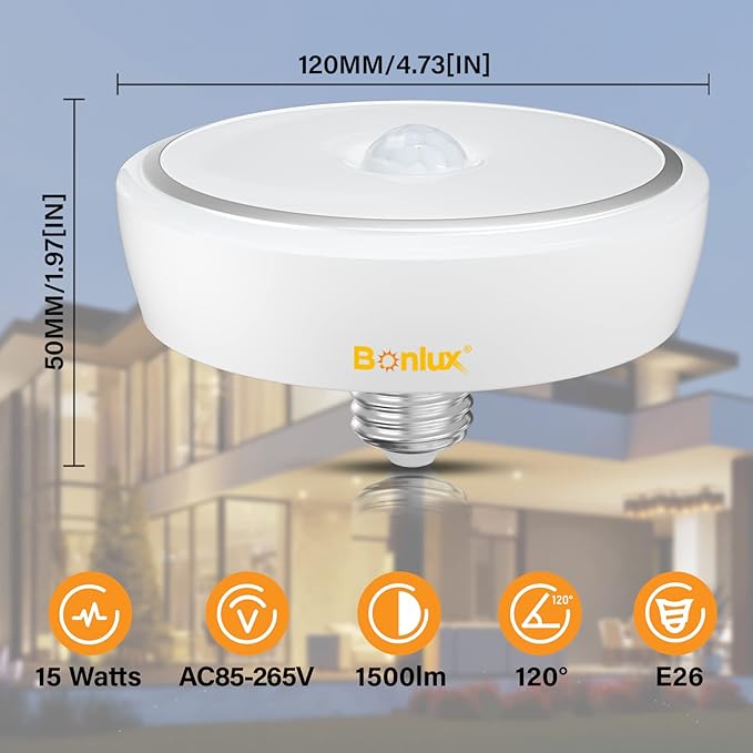 Bonlux Motion Sensor LED Ceiling Light Bulbs E26 Medium Base, 15W PIR UFO Motion Activated Night Light 150W Equivalent Auto On/Off for Hallway Stairs Depot Kitchen Bathroom, Warm White 3000K