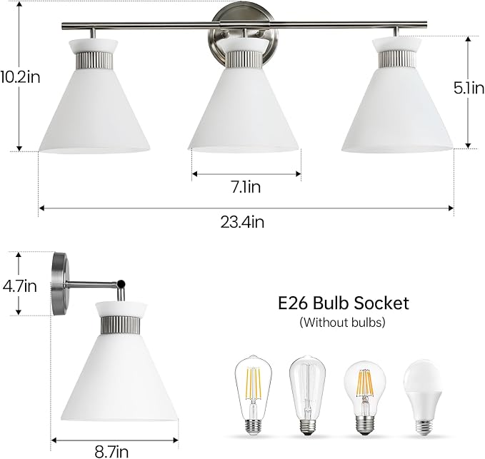 WOSHITU Nickel Bathroom Vanity Light Fixtures: Vanity Lighting Fixtures Over Mirror 23.4 inch with Milky White Frosted Glass, 3-Lights Vanity Light Above Mirror Bathroom Wall Light(Exclude Bulb)