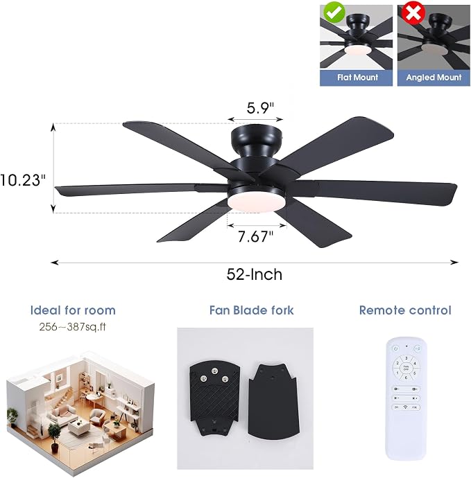 Asyko 52" Black Modern Low Profile Ceiling Fan with LED Light and Remote | Super Large Airflow with 6 Wind Speeds, Reversible, Dimmable 3 CCT LED Light, Noiseless 30W DC Motor,for Bedroom Kitchen