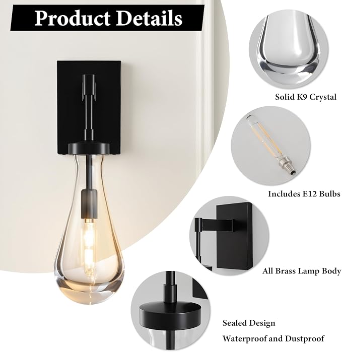 Raindrop Brass Crystal Wall Sconce: Modern Black Clear Solid Bathroom Light | Luxury Indoor Light Fixtures with Bulbs, Dimmable Vanity Sconces for Bedroom Living Room Hallway Bedside Lighting