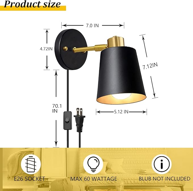 Yollzey Plug in Wall Sconces, Rotatable Angle Black Wall Lamp with Plug in Cord Metal Vintage Industrial Wall Mounted Light Reading Light for Bedroom Bedside Doorway(2 Pack)