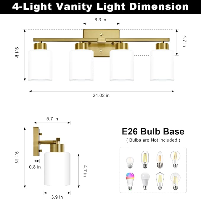 FonmYim Brushed Gold Bathroom Light Fixtures Vanity Lights Over Mirror | Modern 4-Light lighting fixtures for bathroom with Milky White Frosted Glass Shades, E26 Socket (Bulbs Not Included)