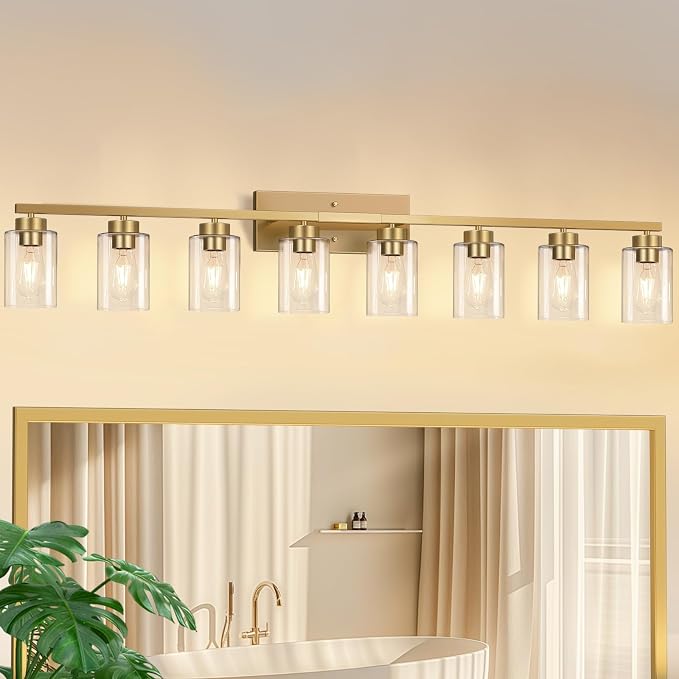 IZORRO Modern Bathroom Light Fixtures, 8 Light Gold Vanity Lights, Bathroom Lighting Fixtures Over Mirror with Clear Glass for Living Room Cabinet Bedroom