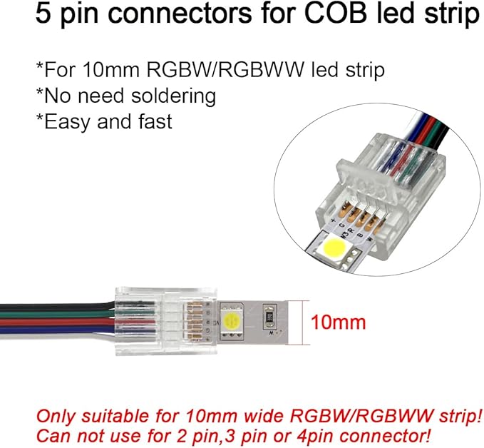 HAMRVL 10mm Cob Strip Light Connectors (5 Pin, 12 Pack) - Transparent Track Lighting Kit Adapter for White Led Tape 12/24V with 6M/19.68ft Led Wire Extension