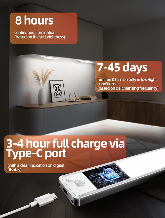 Under Cabinet Lighting: 12 Inch 3-Color Dimmable Rechargeable Motion Sensor Lights Indoor - Battery Operated Lights - Closet Light Magnetic Led Light for Kitchen Home Bathroom Counter 5 Pack