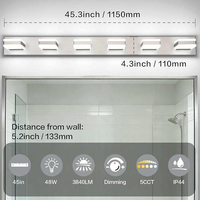 SOLFART Bathroom Light Fixtures, 5 Color Temperature Modern Vanity Lights, Brushed Nickel 6 Lights LED Lighting Light Color Adjustable 5CCT