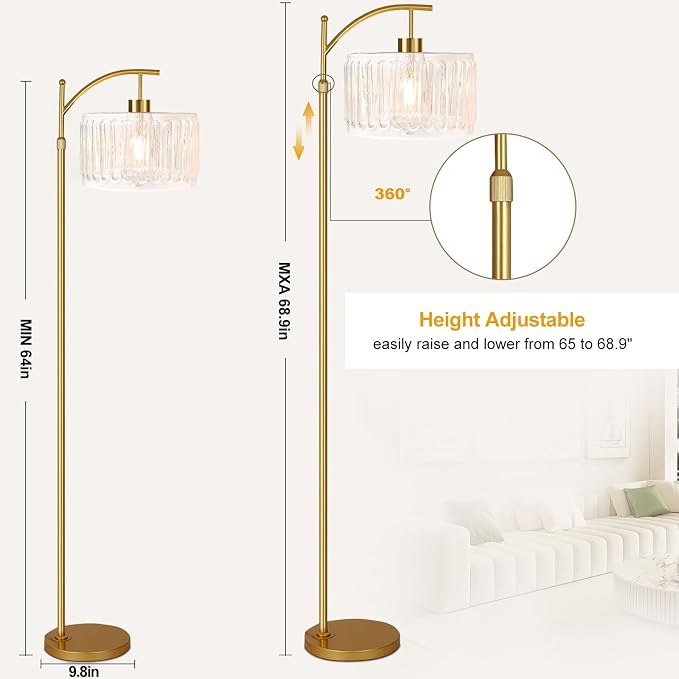 ILLMTW Glass Floor Lamp for Living Room,Bedroom,Gold Dimmable Standing Lamp with Remote,Brass White Tall Lamp Boho Mid Century Modern Floor Lamps Arc Floor Light Lamp Bohemian