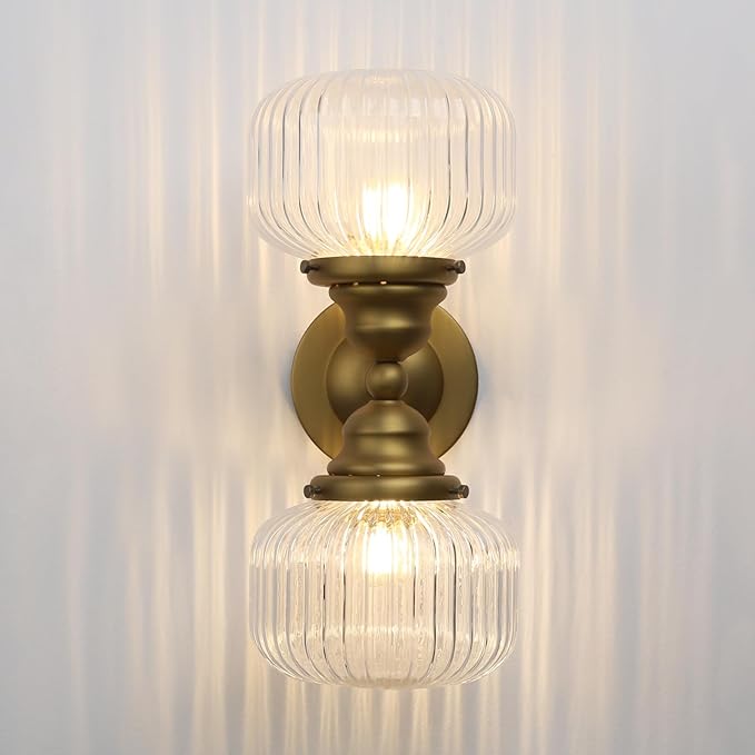 Pathson 2-Head Striped Globe Wall Sconces, 2-Lights Bathroom Vanity Light Over Mirror, Brass Vintage Bathroom Sconce Lamp for Living Room Bedroom Above Mirror