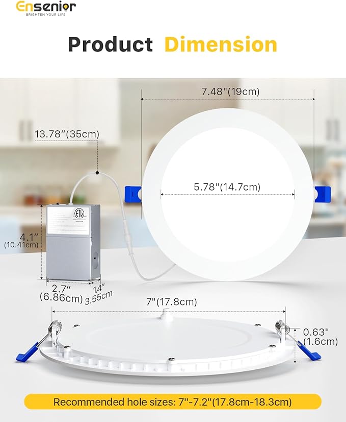 Ensenior 12 Pack 7 Inch LED Recessed Ceiling Light, Dimmable, 2700K-5000K 5CCT, 1300LM 15W 120V, High Brightness Canless Wafer Downligh