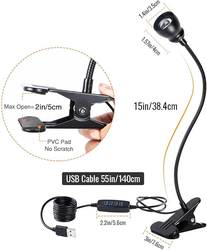 Zoomable Clip on Light, Clamp Reading Light for Dorm Bed Headboard, Dimmable Spotlight with 3 Color Temperature Options, 10 Dimmable Brightness Levels, Adjustable Beam Angle