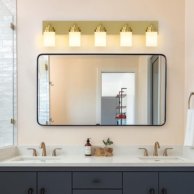 IZORRO Bathroom Vanity Light Fixture, 5-Light 36 Inch Gold Bathroom Light Fixtures Over Mirror, with White Glass Shade, Modern Farmhouse Vanity Lights, Rustic Restroom Lighting Fixtures