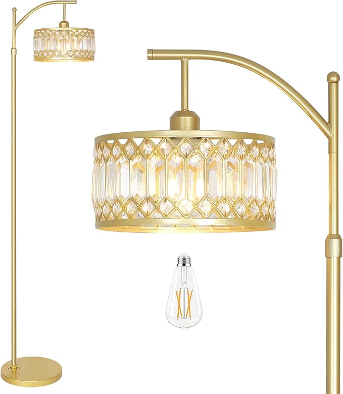 Gold Floor Lamp, Arc Floor Lamp for Bedroom, Standing Lamps for Living Room, Crystal Mid Century Modern Tall Lamp, Corner Stand Up Lamp, Height Adjustable Arched Brass Reading Lamps (Bulb Included)
