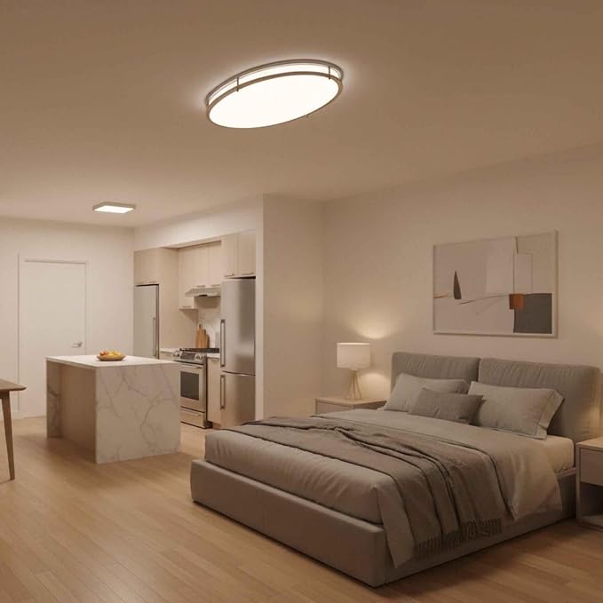 24 Inch Oval Brushed Nickel Ceiling Light-Flush Mount LED Ceiling Light 3000K/4000K/5000K Adjustable Brushed Nickel LED Bathroom Bedroom Lights 24” Kitchen Lamp, 32W, 2100LM, Steel and Polystyrene