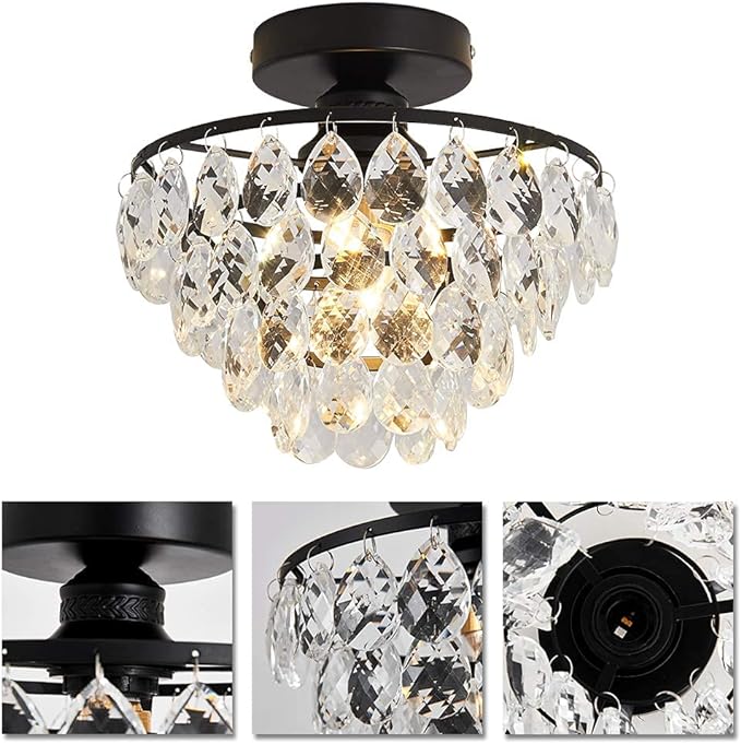 YYJLX Modern Small Crystal Ceiling Light Fixture Mini Black Semi Flush Mount Chandelier Light Fixture for Hallway Bedroom Bathroom Closet e26