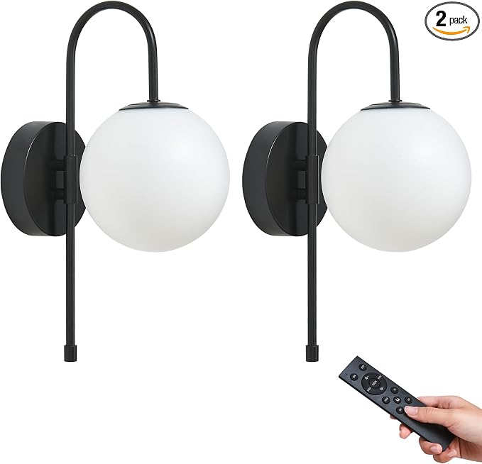 Battery Operated Gooseneck Wall Sconces, Matte Black Globe Glass Set of 2