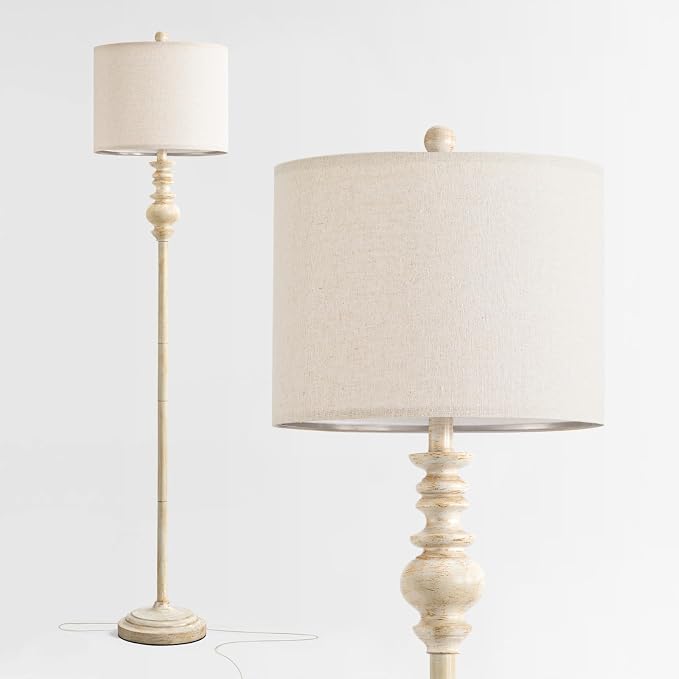 BOBOMOMO 64.25" Farmhouse Floor Lamp for Living Room, Tall Antique White Standing Lamp with Gold Accents, Rotary Switch Reading Lamp for Bedroom & Nursery, Classic Home Decor Corner Lamp