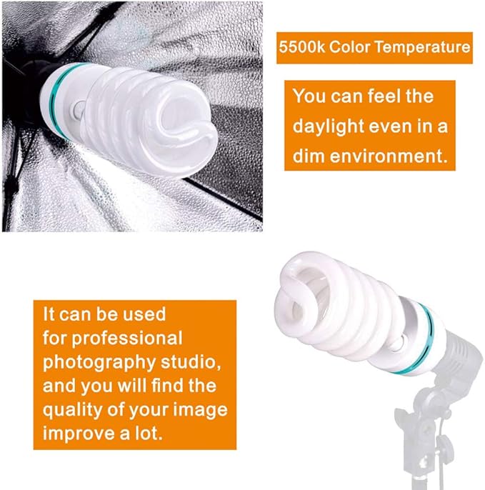 2 x 85W Light Bulb 5500K CFL Daylight Spiral Softbox Bulb in E27 Socket for Photography Photo Video Studio Lighting