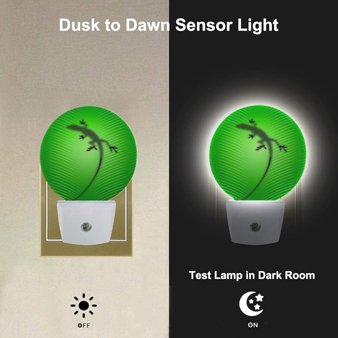 Gecko Lizard Night Lights Plug into Wall Silhouette of Lizard Behind Green Leaf LED Dusk to Dawn Plug-in Nightlight Auto Sensor for Bedroom Bathroom Hallway Living Room
