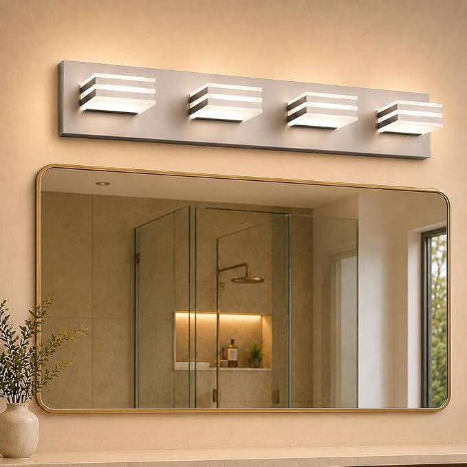 4-Light Brushed Nickel Bathroom Vanity Light, 27 Inch 32W 5CCT Dimmable LED Wall Fixture, Hardwired Over Mirror Lighting with Clear Acrylic Shade for Bathroom Remodel