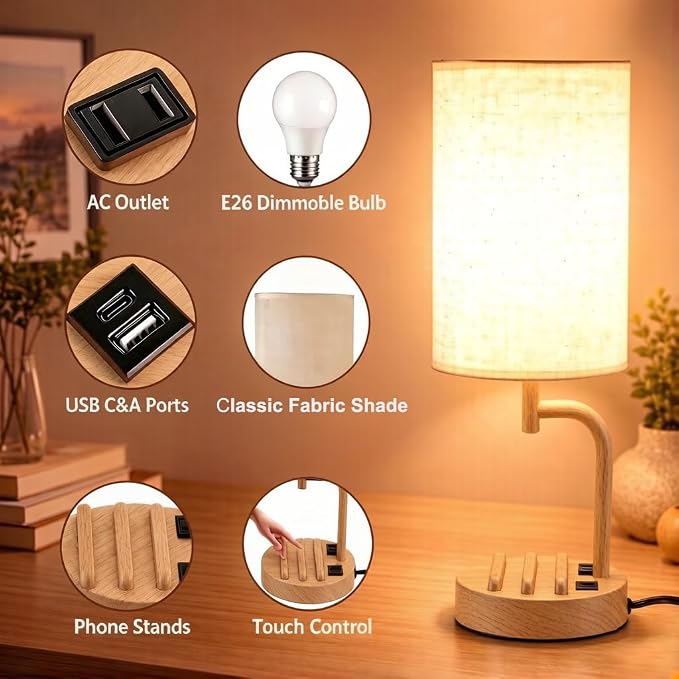 Dreamholder Touch Control USB Table Lamp with USB C/A & AC Outlet, 3-Way Dimmable Bedside Lamp, Modern Nightstand Lamps for Bedroom Living Room Guest Room Office, Bulb Included, Woodgrain