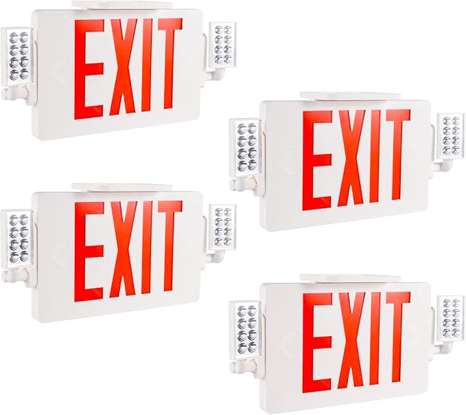 Gruenlich Exit Sign with Emergency Light, Double Face, Battery Backup | Hardwired LED Combo Exit Light for Bussiness, Two Bright and Adjustable Heads, Red, UL 924 and CEC, 120-277 Voltage, 4 Pack